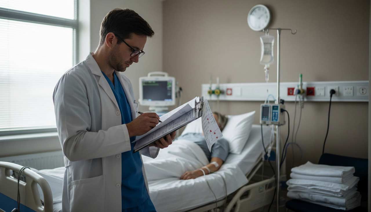 Clinician reviewing a patient timeline and care notes on a clipboard beside a hospital bed, with no identifiable information